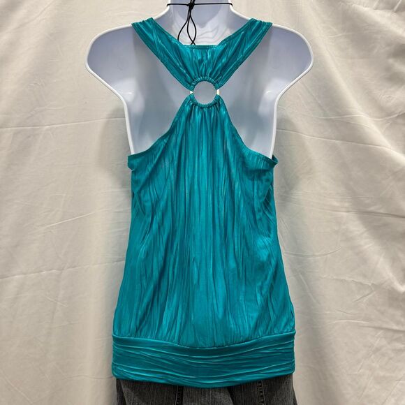 Y2K Glam Byer California Teal Crinkle Halter Top Ring Back Tank Made in USA M - Picture 4 of 8